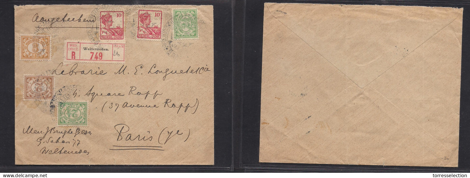 DUTCH INDIES. 1921 (12 Febr) Welterreden - France, Paris. Registered Multifkd Envelope + Tied R-label. XSALE. - Netherlands Indies