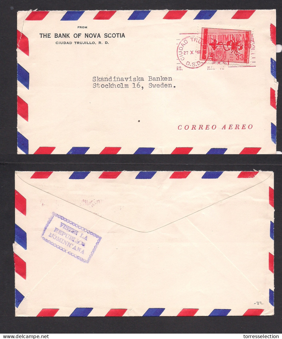 DOMINICAN REP. 1960 (27 Oct) C. Trujillo - Sweden, Stockholm. Air Machine Fkd Env + Cancel Label, Tied. Fine. Reverse Sl - Dominicaine (République)