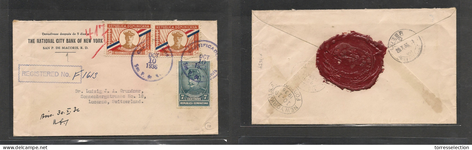 DOMINICAN REP. Dominican Rep - 1936 San Pedro Macoris Registr Mult Fkd Env To Switz Luzern, Very Fine XSALE. - Dominican Republic