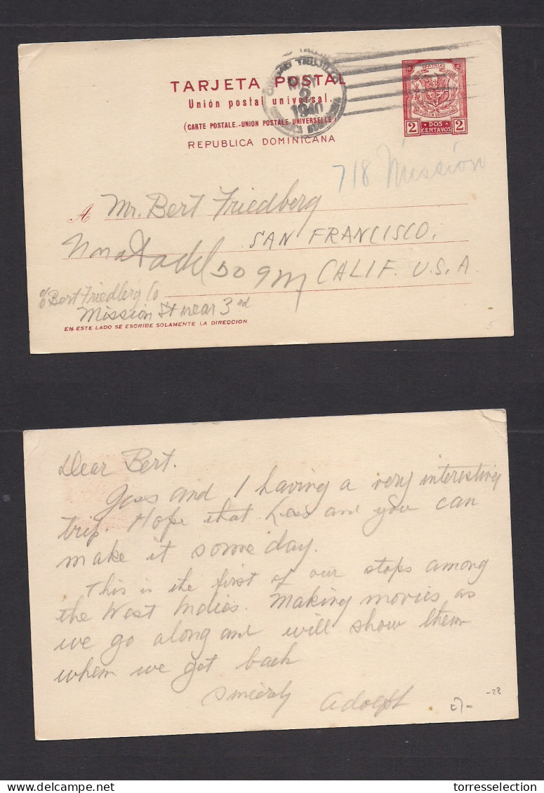 DOMINICAN REP. 1940 (2 May) C. Trujillo - USA, S Fco, LA. 2c Red Stat Card. Fine Used. Scarce. XSALE. - República Dominicana