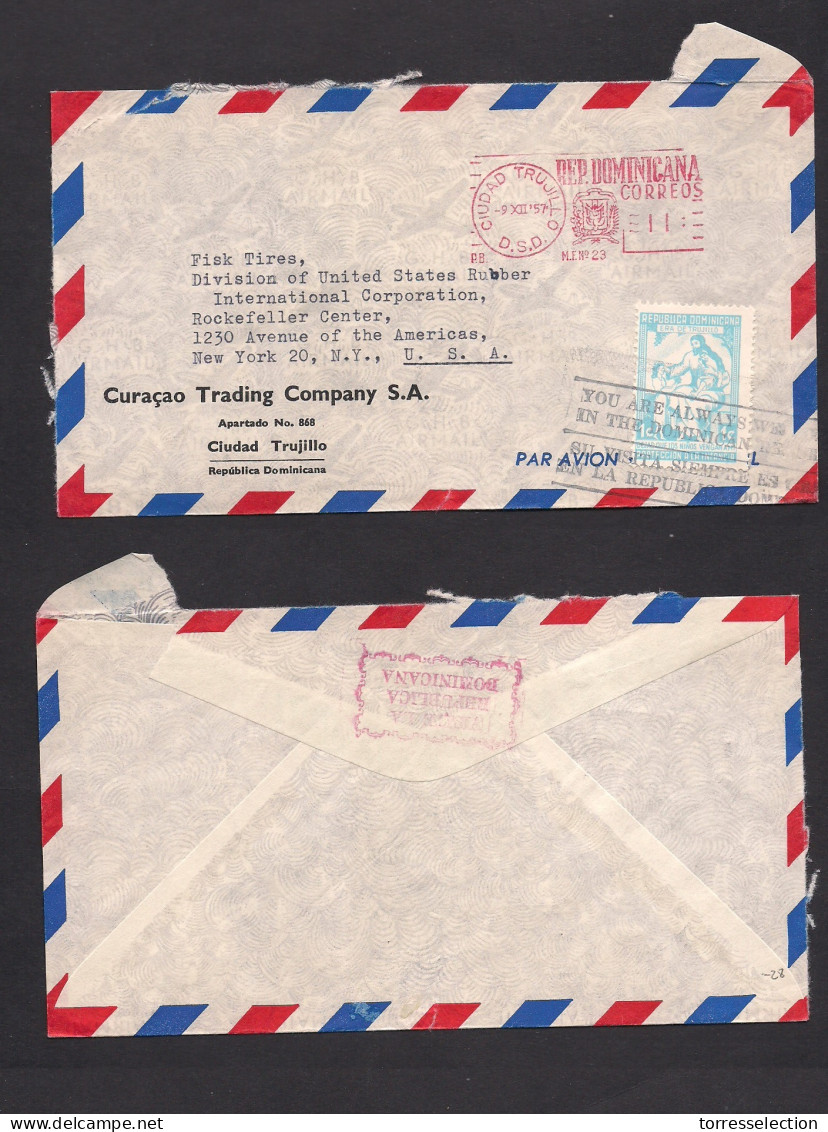 DOMINICAN REP. 1957 (9 Dec) Ciudad Trujillo - USA, NYC, Air Machine Fkd Env + Adtl. 1c Blue Children Protection, Slogan  - Dominican Republic