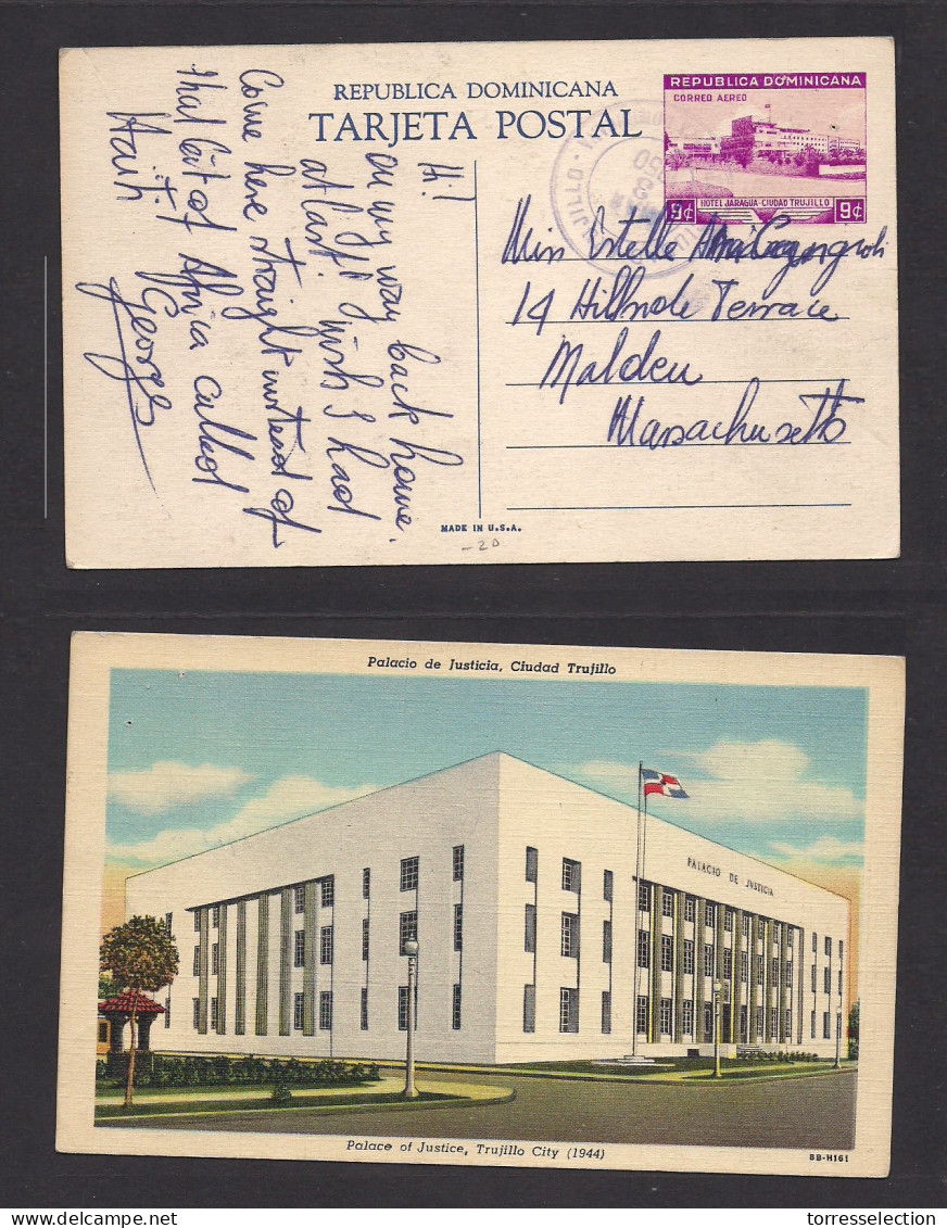 DOMINICAN REP. 1950 (3 March) C. Trujillo - USA, Mass, Malden. 9c Lilac Stat Card Photo Ppc, Palacio Justicia. Scarce Us - Repubblica Domenicana