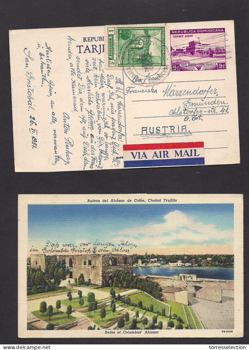 DOMINICAN REP. 1951 (26 Nov) San Cristobal - Austria, Grunden. 9c Lilac Stat Card Color Photo Ppc. Ruinas Alcazar + Adtl - Dominican Republic