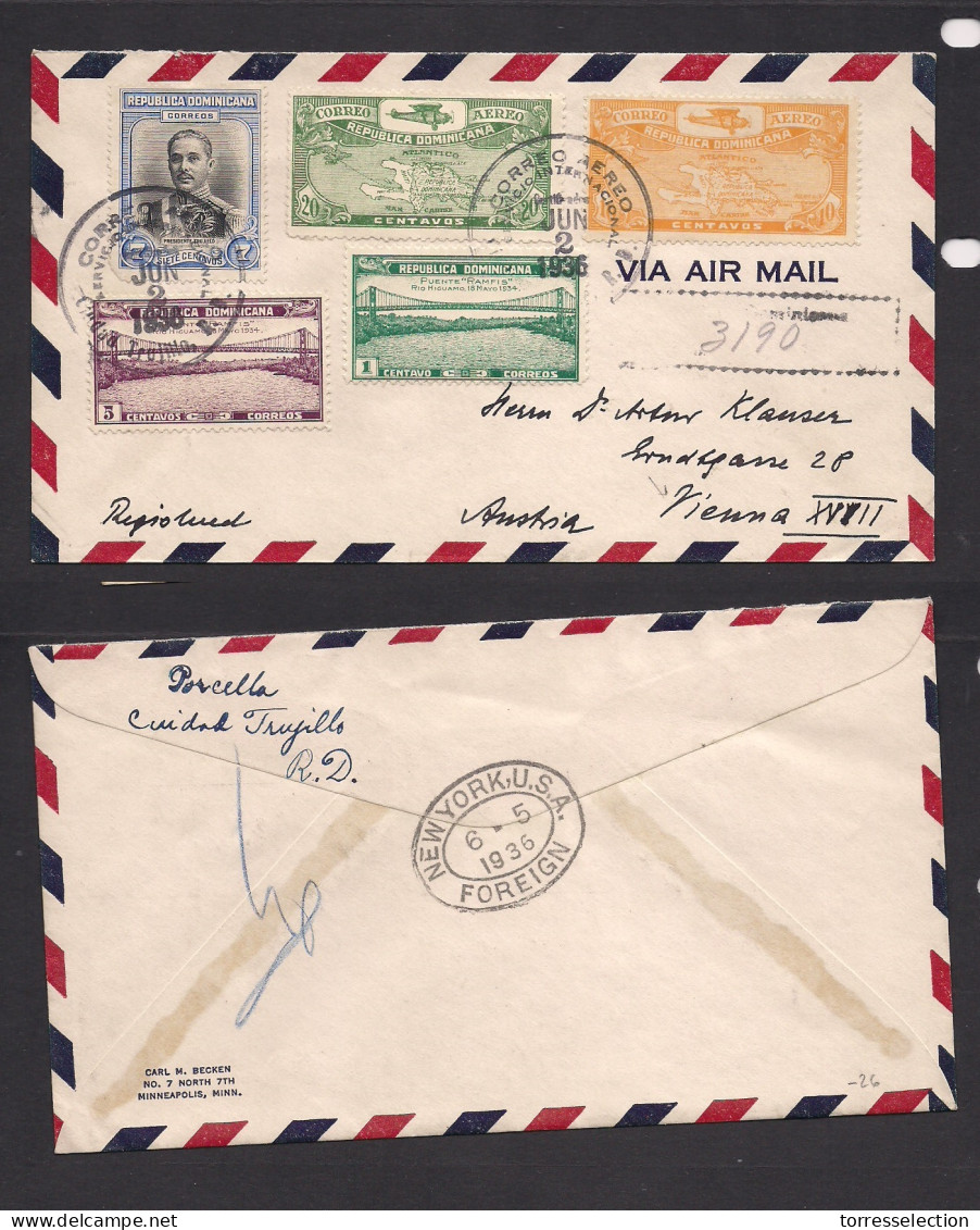 DOMINICAN REP. 1936 (2 June) C. Trujillo - Austria, Wien Via NYC (5 June) Registered Air Multifkd Env. VF. XSALE. - Dominican Republic