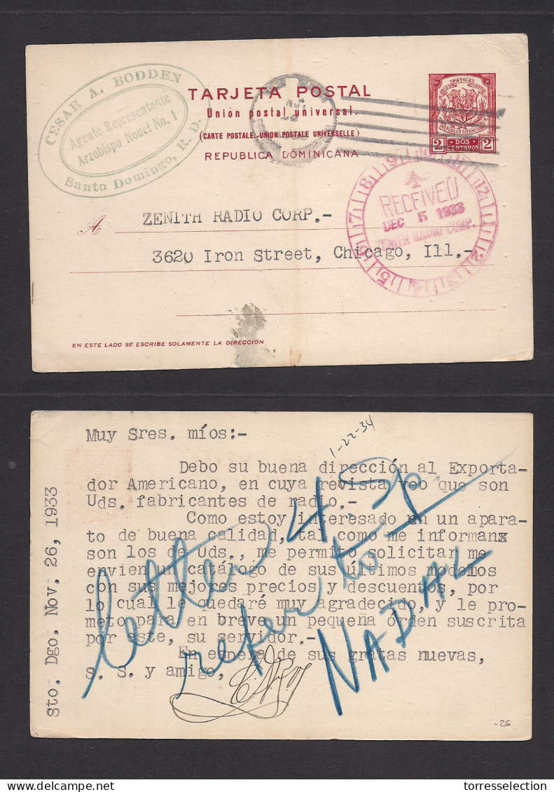 DOMINICAN REP. 1933 (28 Nov) Sto Domingo - USA, Chicago, Ill. 2c Red Stat Card. VF Used Scarce. XSALE. - Dominikanische Rep.