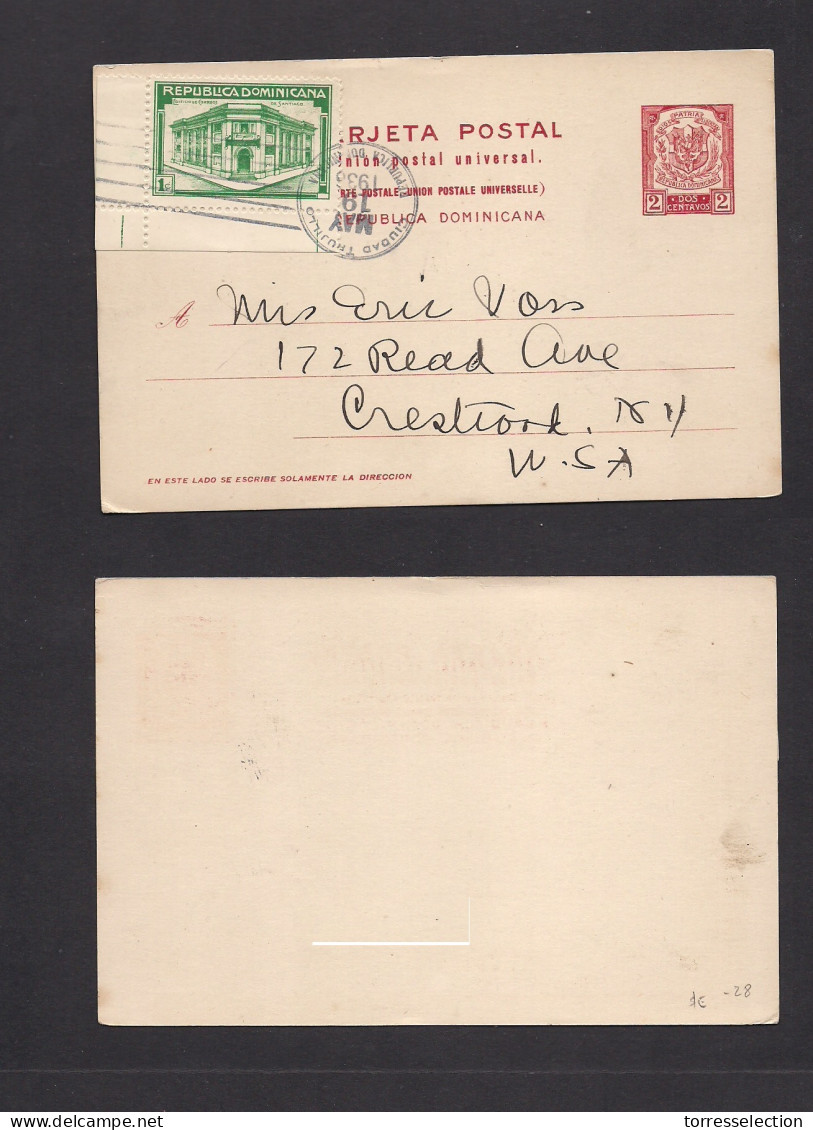 DOMINICAN REP. 1933 (19 May) C. Trujillo - USA, Crestock, NY. 2c Red Stat Card + Adtl Green, Grill Cds Cachet. Fine + Sc - Dominican Republic