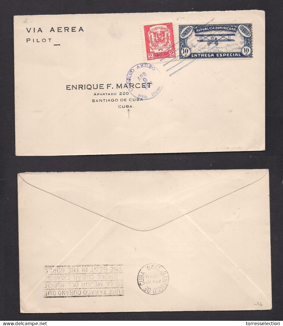 DOMINICAN REP. 1928 (9 Apr) Sto Domingo - Cuba, Santiago. Air Multifkd Envelope, Special Entrega / Express Stamp. Fine.  - República Dominicana