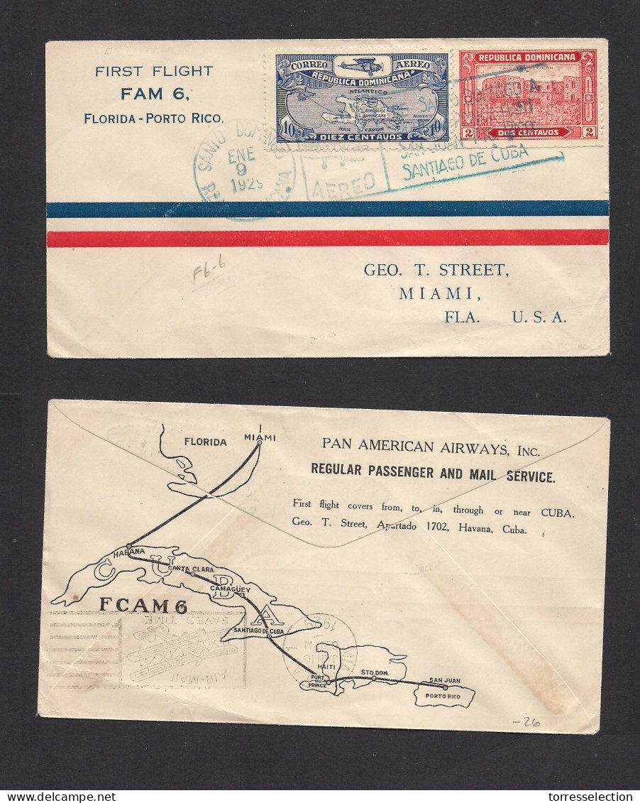 DOMINICAN REP. 1929 (ene 9) Sto. Domingo - USA, Miami, Flo. Advertising Panam Reverse Illustrated First Flight. Multifkd - República Dominicana