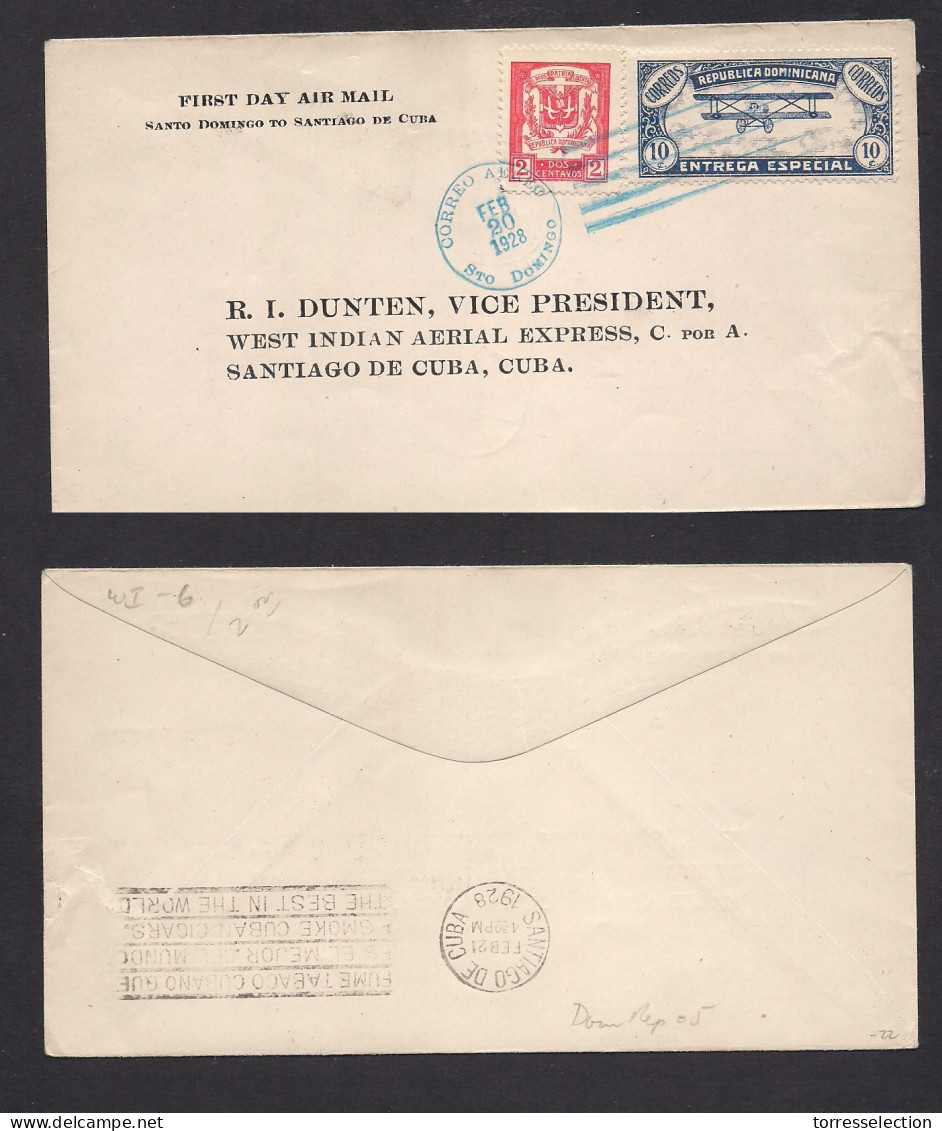 DOMINICAN REP. 1928 (20 Feb) First Flight Sto Domingo - Cuba, Santiago. Multifkd Env + Special Express Stamp. Fine. XSAL - Dominicaine (République)