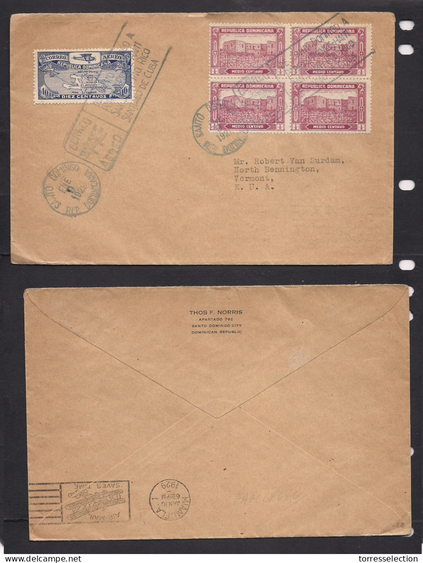 DOMINICAN REP. 1929 (Ene 9) Sto Domingo - USA, Vermont, North Bennington. Air Multifkd Env Incl Block Of Four. Fine Used - República Dominicana