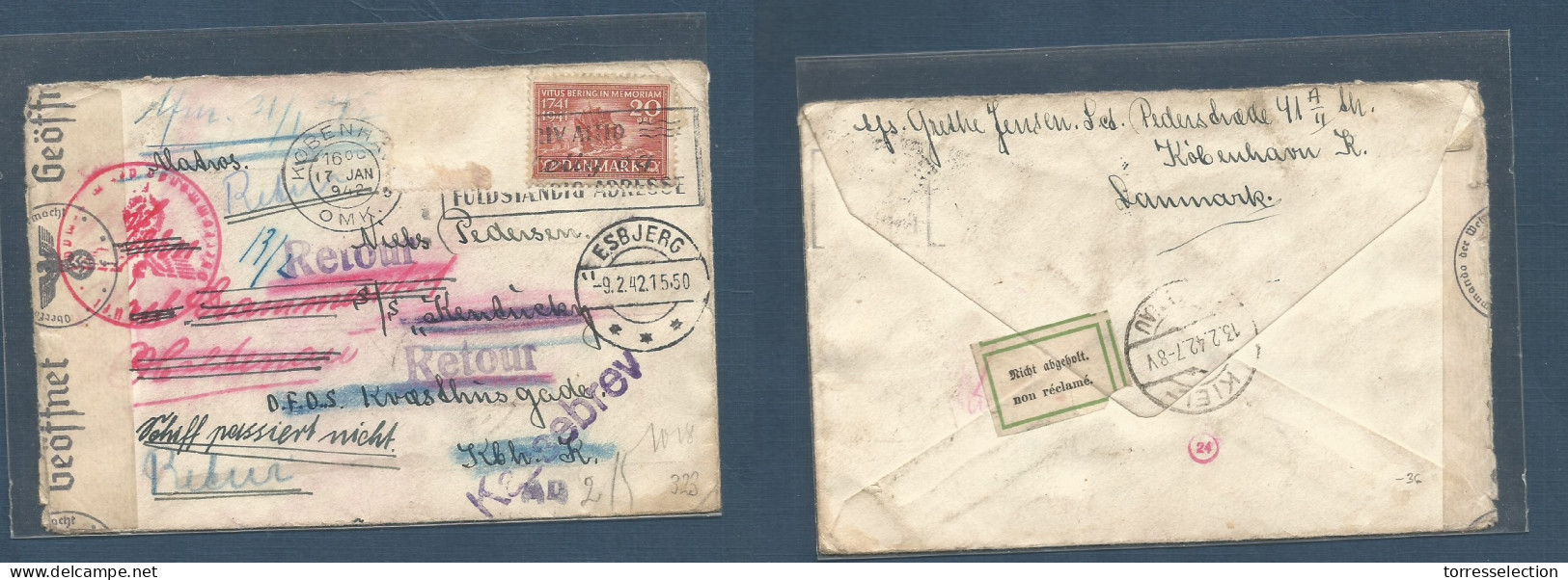 DENMARK. 1942 (17 Jan) Cph - Germany, Kiel "SS Kentucky" US Ship, Fwded Esbjeng + Censored Several Time Including Stamp  - Other & Unclassified