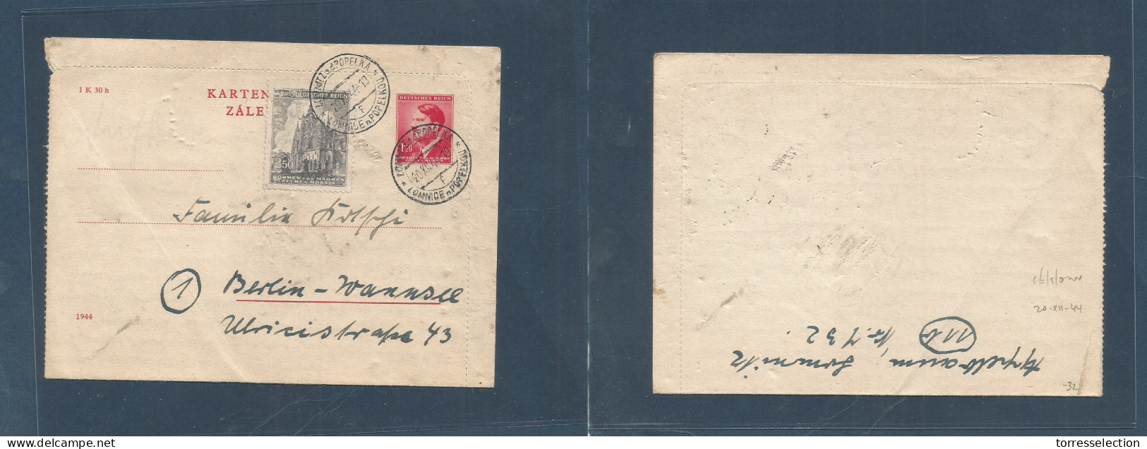 CZECHOSLOVAKIA. 1944 (20 Dec) Lomntz Popelka - Germany, Berlin 1,20 Kr Red Stat Lettersheet + Adtl, Tied Cds. XSALE. - Other & Unclassified
