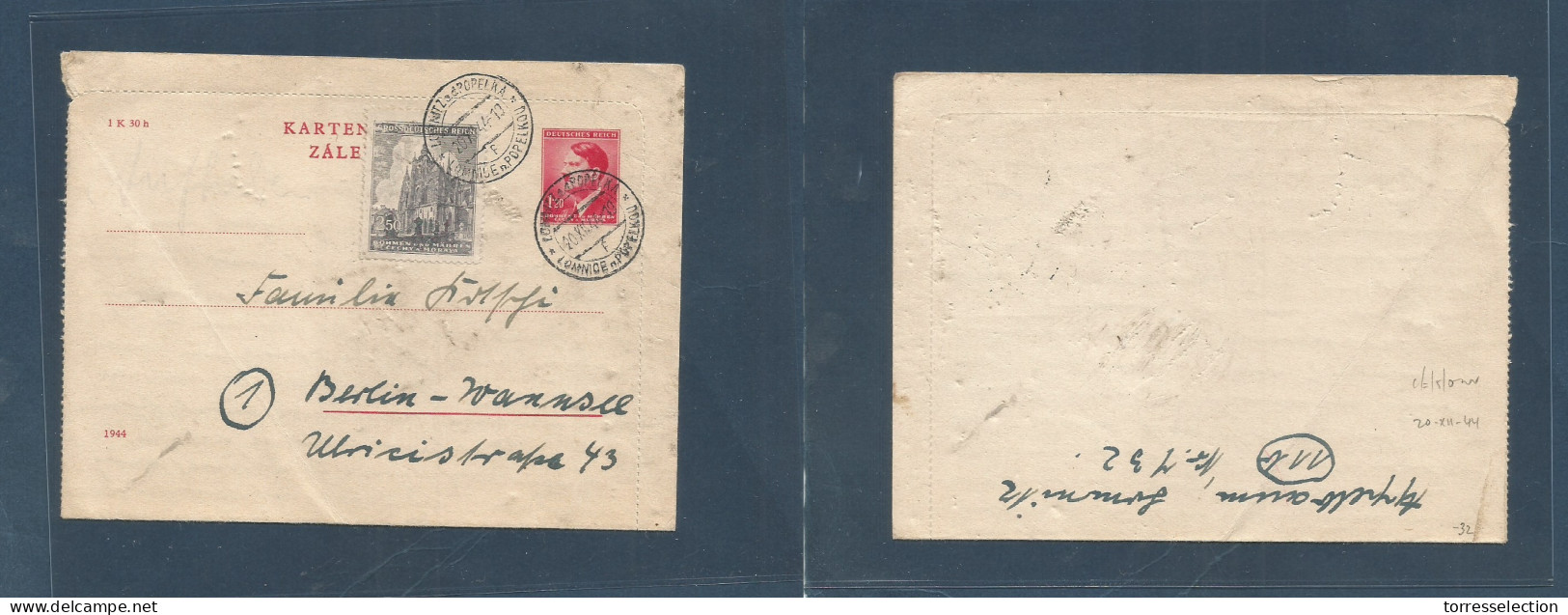 CZECHOSLOVAKIA. 1944 (20 Dec) Lomntz Popelka - Germany, Berlin 1,20 Kr Red Stat Lettersheet + Adtl, Tied Cds. XSALE. - Otros & Sin Clasificación