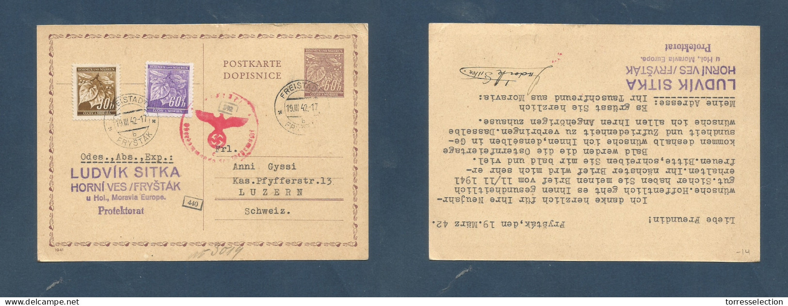 CZECHOSLOVAKIA. 1942 (19 March) Bohemia, Freistadt - Switzerland, Luzern, 60h Brown Stat Card + 2 Adtls, Tied Cds + Nazi - Other & Unclassified