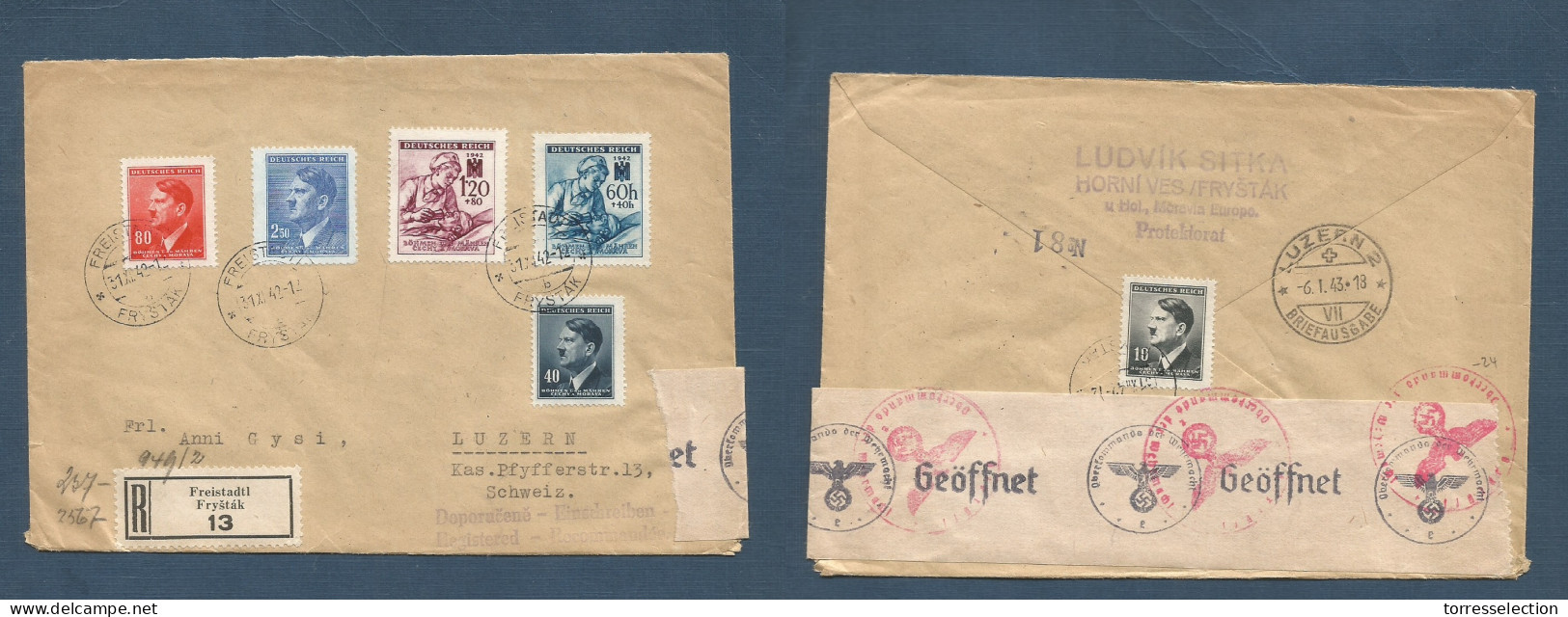 CZECHOSLOVAKIA. 1942 (31 Dec) Bohemia, Frystak - Switzerland, Luzern (6 Jan 43) Registered Mixed Issues Incl Hitler Mult - Autres & Non Classés