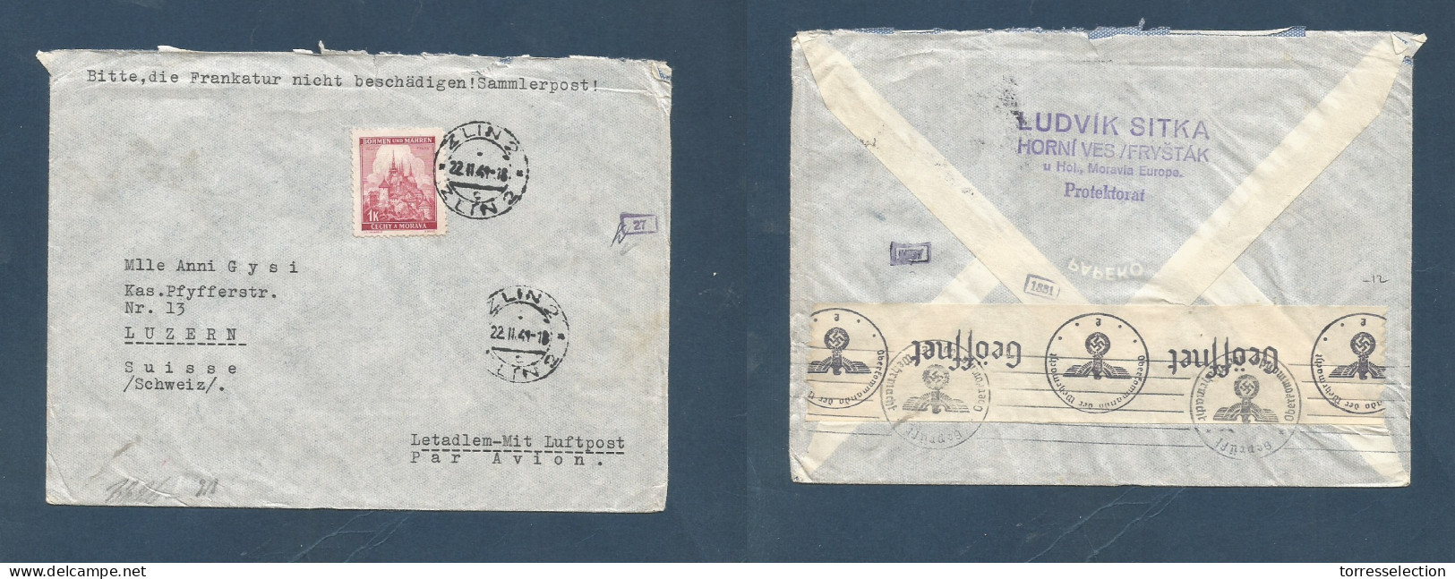 CZECHOSLOVAKIA. 1941 (22 Nov) Bohemia, Zlin - Switzerland, Luzern. Nazi Censored Single 1k Air Fkd Envelope, Tied Cds. X - Autres & Non Classés