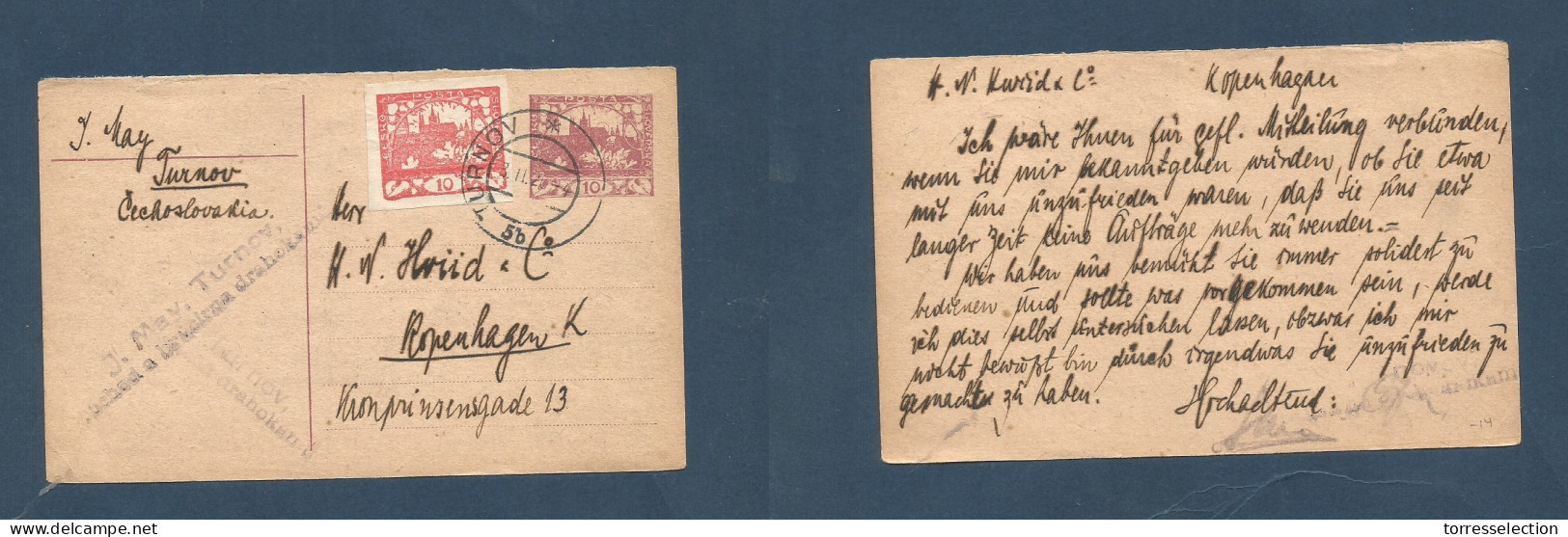 CZECHOSLOVAKIA. 1920 (3 Feb) Turnov - Denmark, Cph. 10h Lilac Stat Card + 10h Adtls, Tied Cds. XSALE. - Other & Unclassified