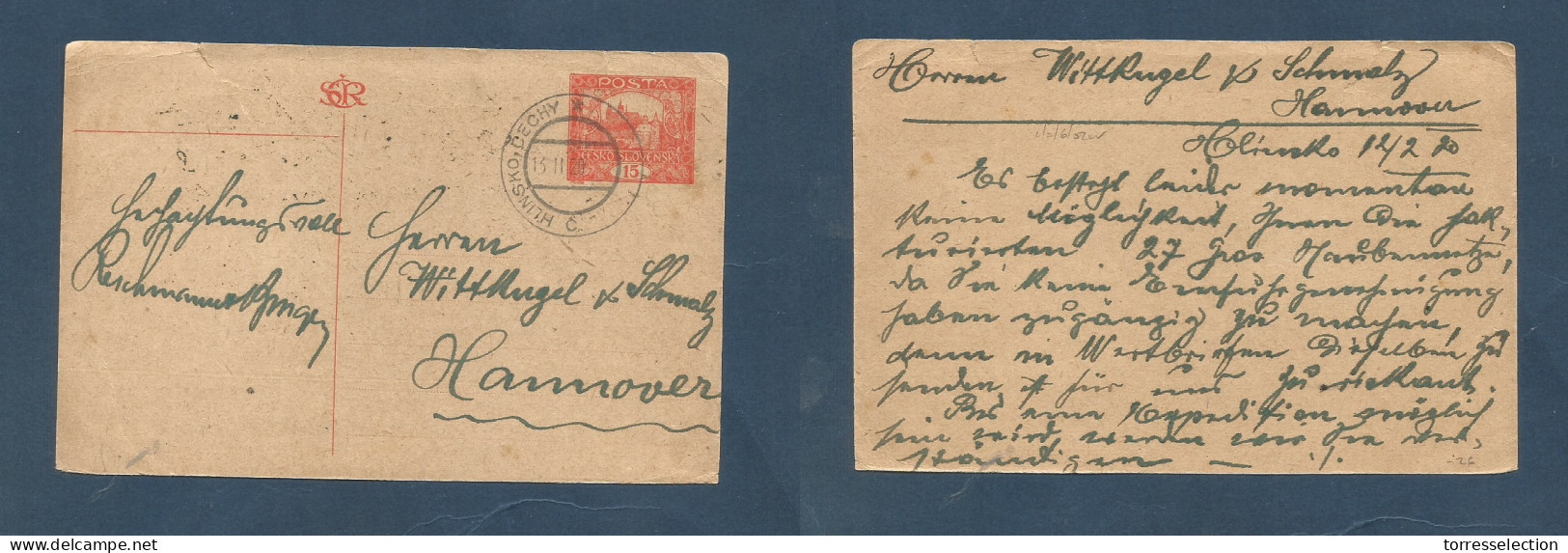 CZECHOSLOVAKIA. 1920 (13 Nov) Hlinsko Cechy - Germany, Hannover. 15c Orange Stat Card Cancelled Cds. VF. XSALE. - Sonstige & Ohne Zuordnung