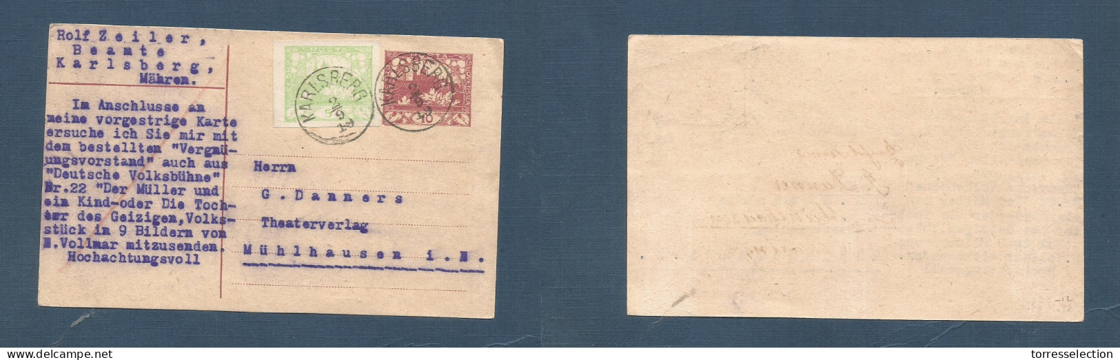 CZECHOSLOVAKIA. 1919 (2 Sept) Karlsberg - Mulhausen, Germany. 10h Red Stat Out, 5h Yellow Green Adtl, Tied Cds. XSALE. - Other & Unclassified