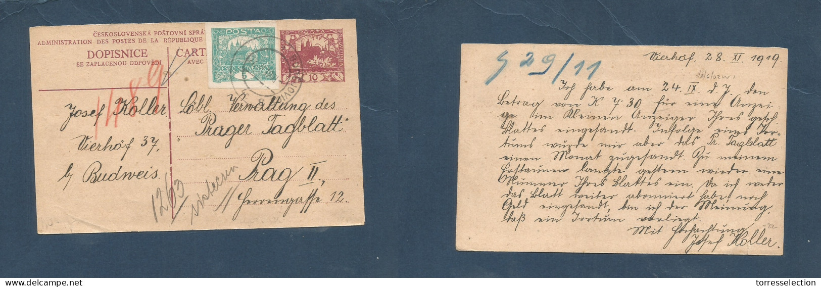CZECHOSLOVAKIA. 1919 (28 Nov) Vierhof - Prague. 10h Brown Red Stat Card + 5h Adtl, Tied Cds. Fine. XSALE. - Autres & Non Classés