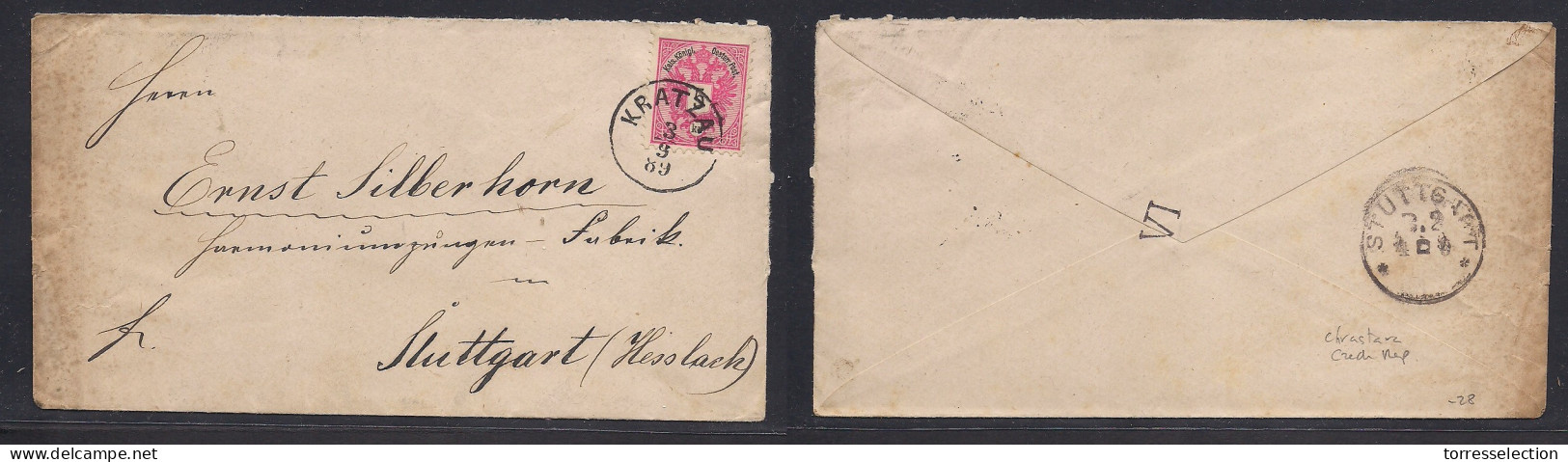 CZECHOSLOVAKIA. 1889 (3 Sept) Austria Postal Admin. Kratzan / Chrastava - Germany, Stuttgart. 5kr Rose Fkd Env. XSALE. - Otros & Sin Clasificación