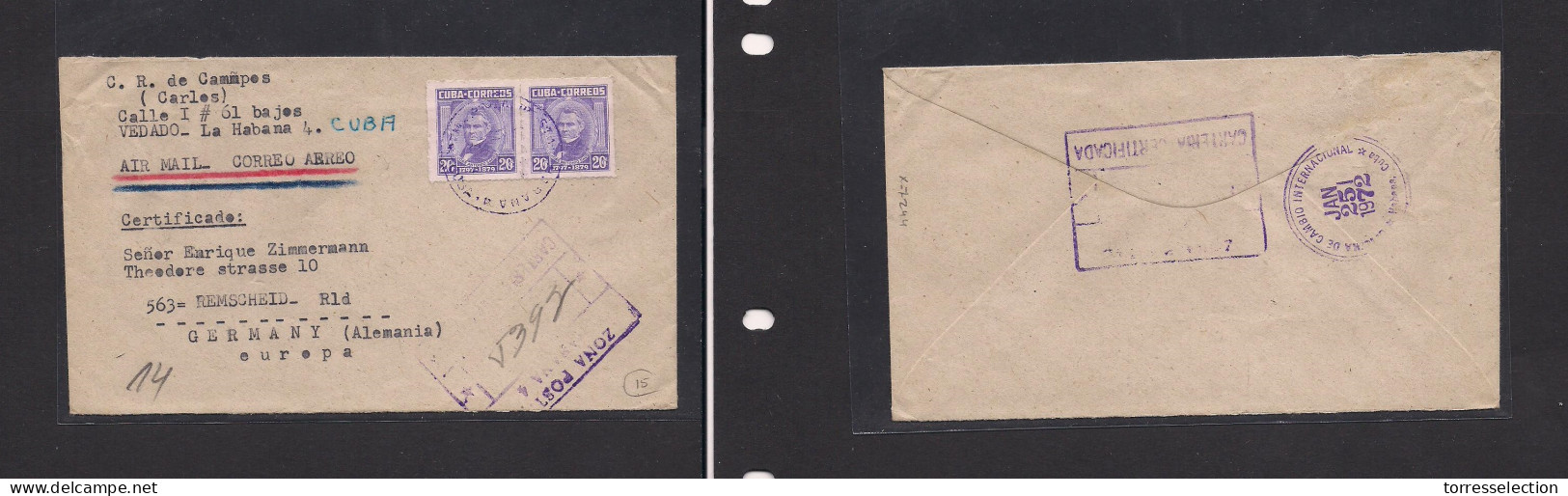 CUBA. Cuba Cover C.1930 Vedado To Germany Remscheid Registr Mult Fkd Env+cachet Lilac Vf. Easy Deal. XSALE. - Andere & Zonder Classificatie