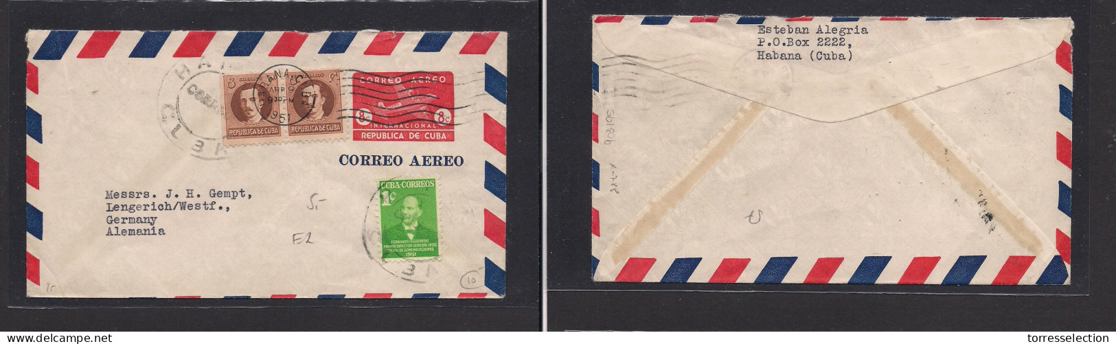 CUBA. Cuba - Cover - 1961 Habana To Germany Lengerich 8c Red Stat Env+ Three Adtls, Large Cork Cachets, Fine Better. Eas - Other & Unclassified