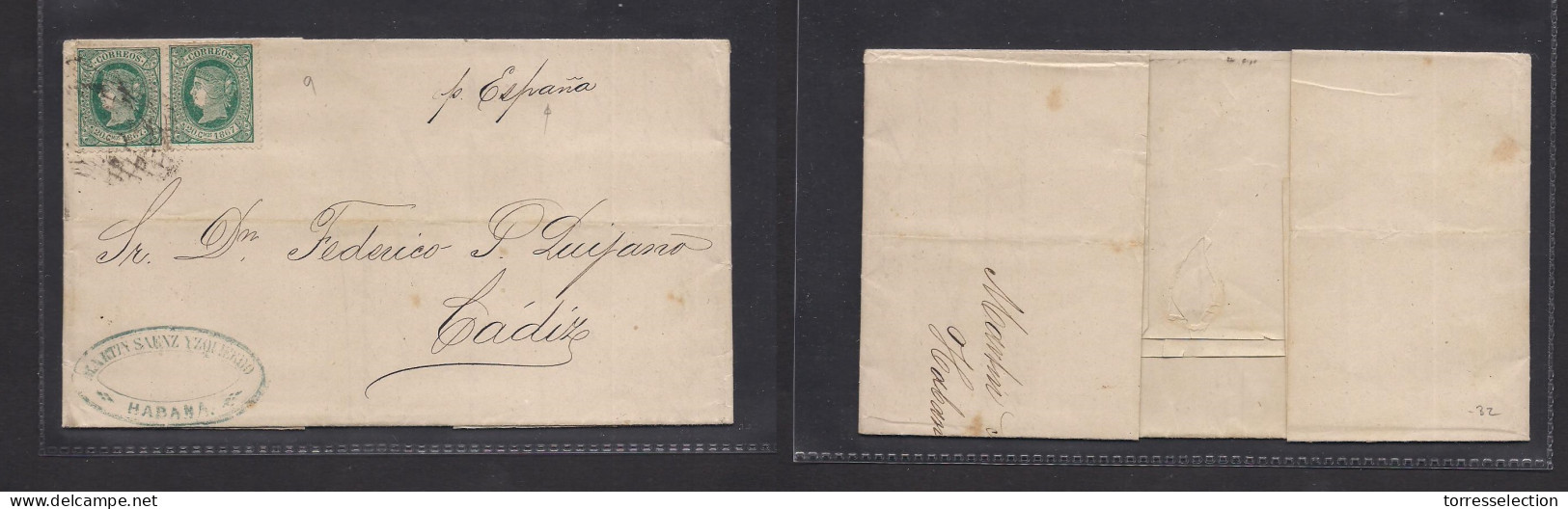CUBA. 1867 (Febr 15) Habana - Cadiz, Peninsula. Carta Con Texto Franqueo Dos Sellos 20c. 1867 Verde, Mat Parrilla. Por V - Other & Unclassified