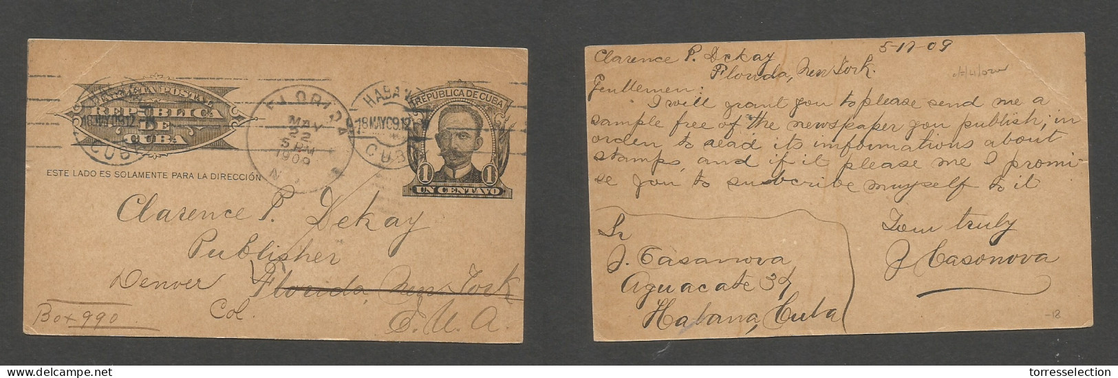 CUBA. 1909 (18 May) Habana - USA, Florida, NY (22 May) 1c Black Stat Card, Fwded Colorado, Denver. XSALE. - Other & Unclassified