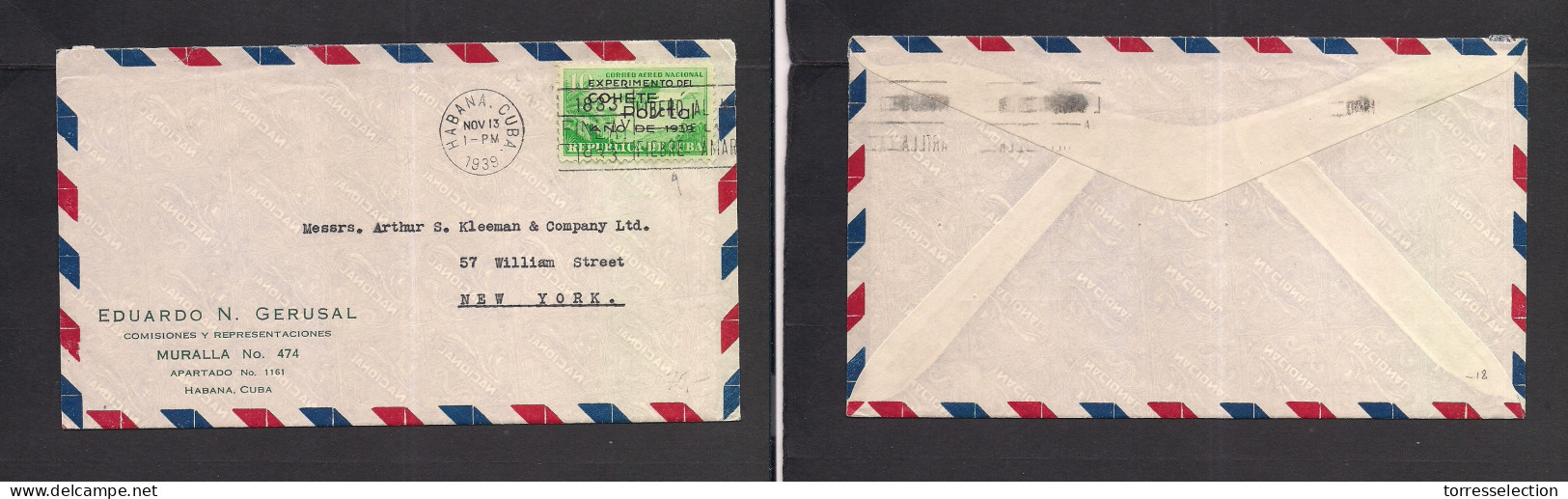CUBA. 1939 (13 Nov) Habana - USA, NY. Cohete Postal Sobre Circulado Con Sello 10c Sobre Muy Bonito. XSALE. - Other & Unclassified