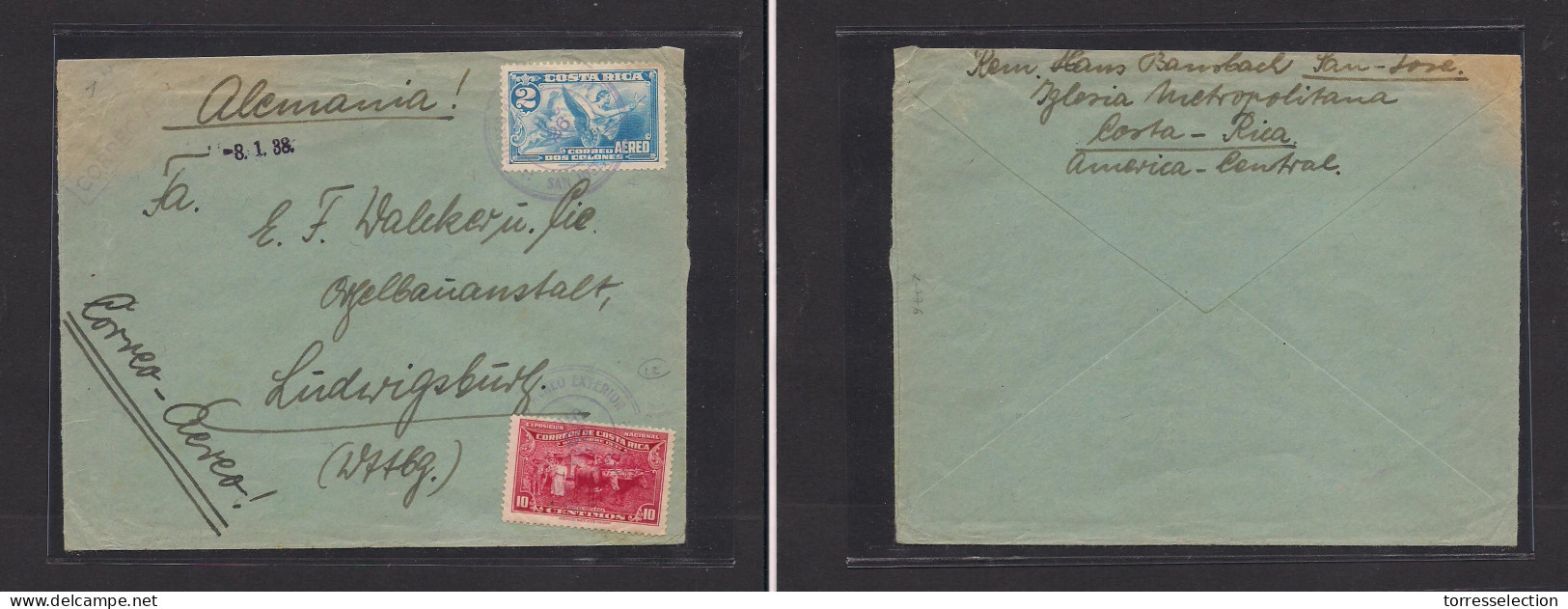 COSTA RICA. Costa Rica - Cover - 1938 San Jose To Germany Ludwirgsburg Mult Fkd Air Env Dos Soles Stamp. Easy Deal. XSAL - Costa Rica
