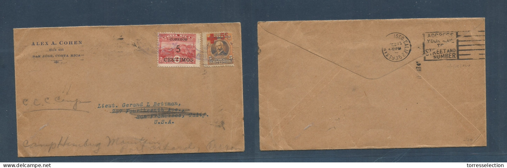 COSTA RICA. 1935 (Feb) San Jose - USA, S. Fco. Ovptd Issues + 5c (x2) Issues. Addressed To Military Ccc. Camp. Interesti - Costa Rica