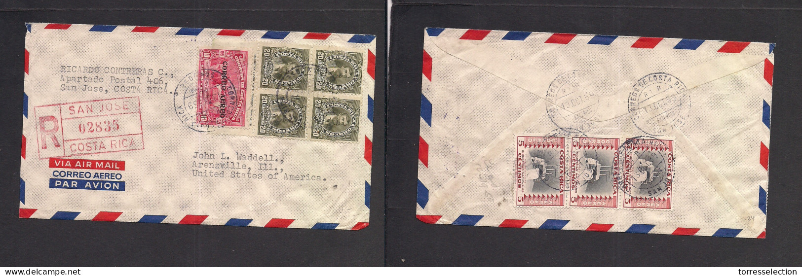 COSTA RICA. 1959 (13 Oct) San Jose - USA, Arenzville, Ill. Registered Multifkd Front And Reverse Env. ABN Issues.VF. XSA - Costa Rica