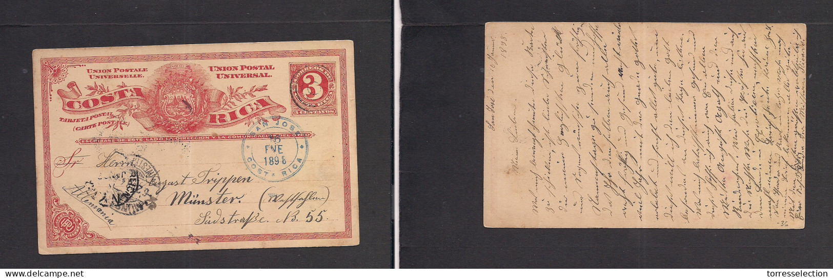 COSTA RICA. 1898 (16 Enero) San Jose - Germany, Munster 3c Red Stat Card, Blue Cds. Via NY. Fine Used. XSALE. - Costa Rica