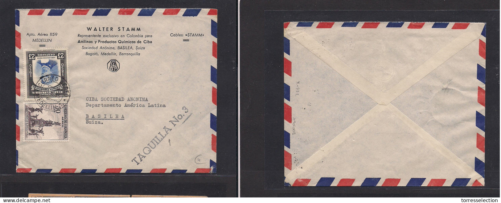 COLOMBIA. Colombia - Cover - 1955 Medellin To Switz Basel Aair Mult Fkd Env Taquilla 3. Easy Deal. XSALE. - Colombie