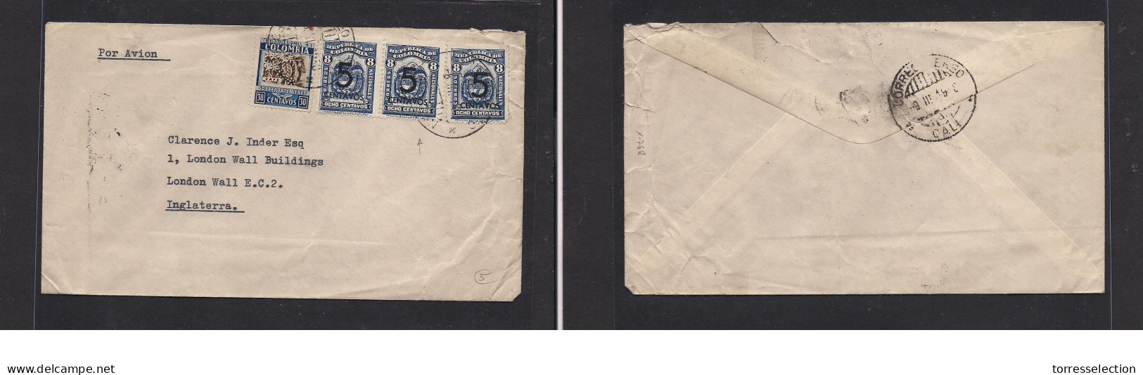 COLOMBIA. Colombia - Cover -  1938 Cali To UK Air Ovpt Mult Fkd Env. Easy Deal. XSALE. - Colombia