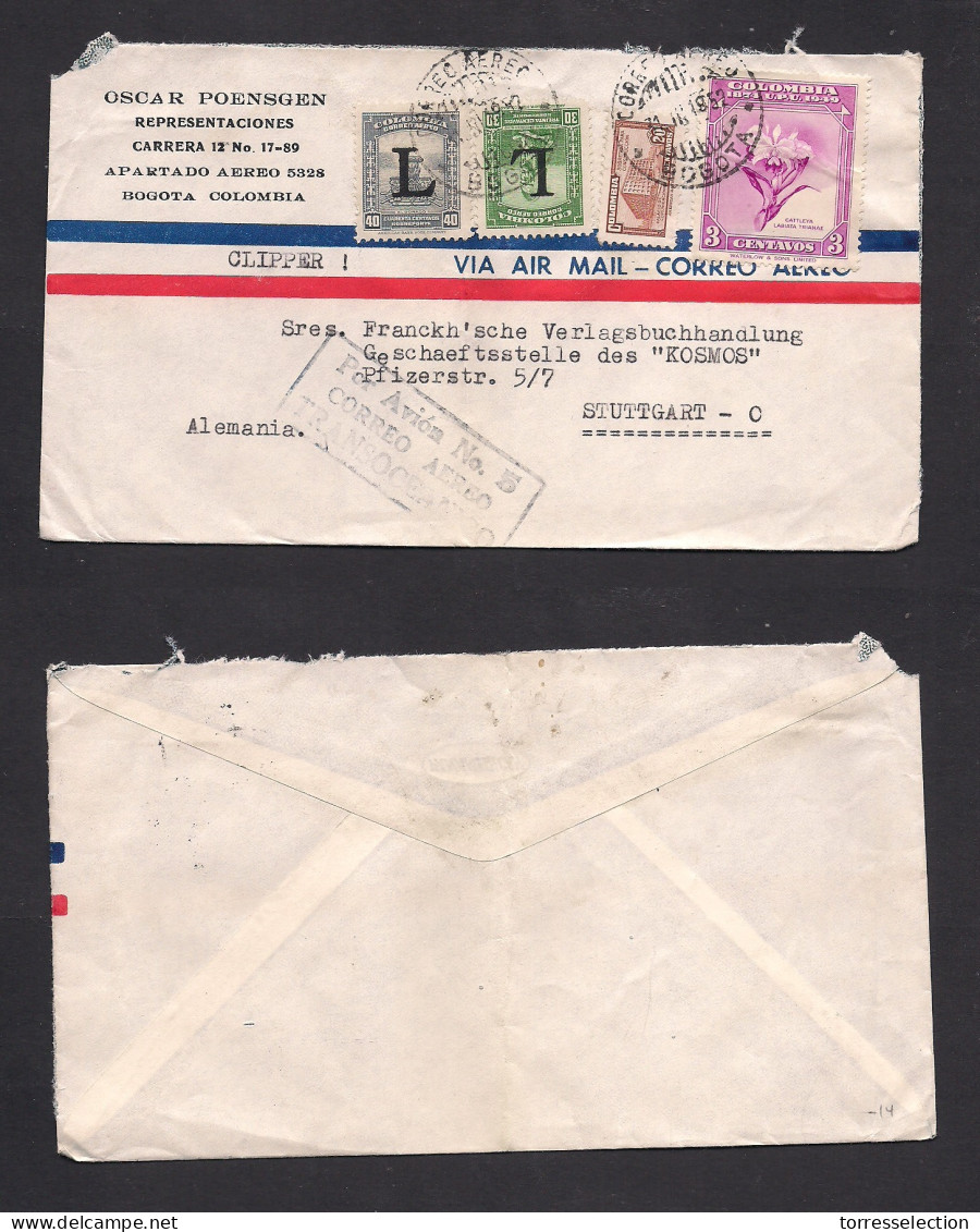 COLOMBIA. 1957 (14 Nov) Cuarta - Germany, Aschan. Air Multifkd Env. German Cachet "Nurzur Verrechrung" XSALE. - Kolumbien