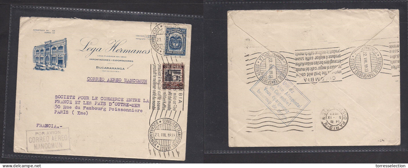 COLOMBIA. 1933 (21 Aug) Bucamarauga - France, Paris. Illustrated Env Air Cachet + Slogan Rolling Ds. Various Transits. X - Colombie