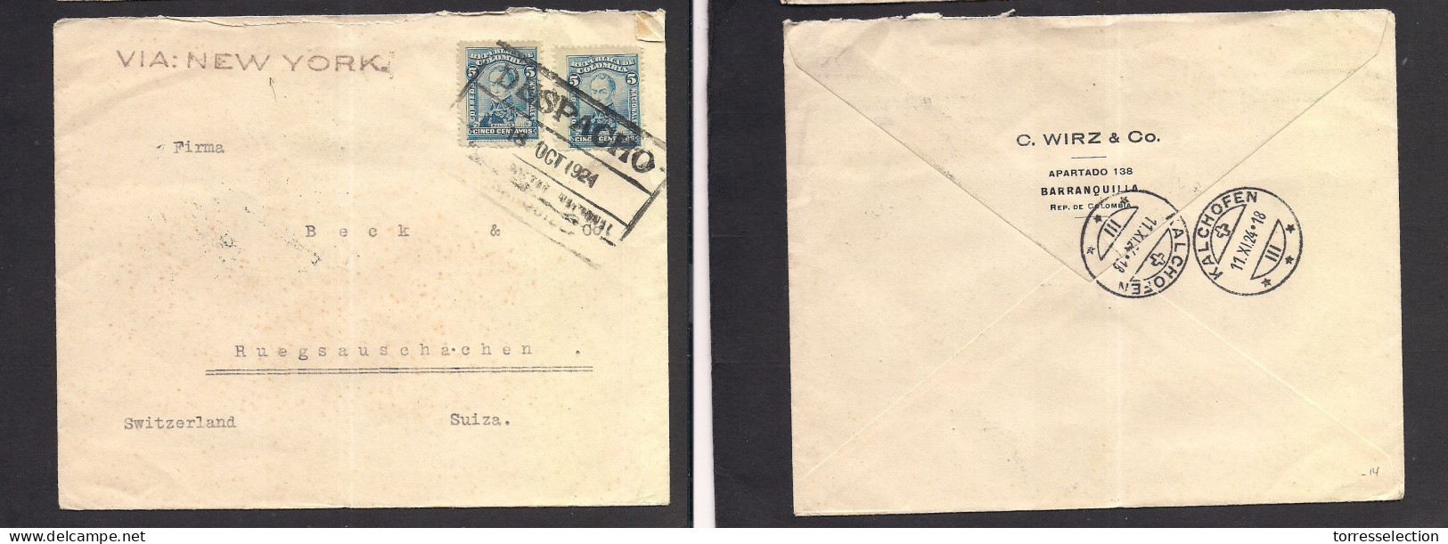 COLOMBIA. 1924 (18 Oct) Barranquilla - Switzerland, Ruegsanschachen Via NY. Multifkd Env. XSALE. - Colombia