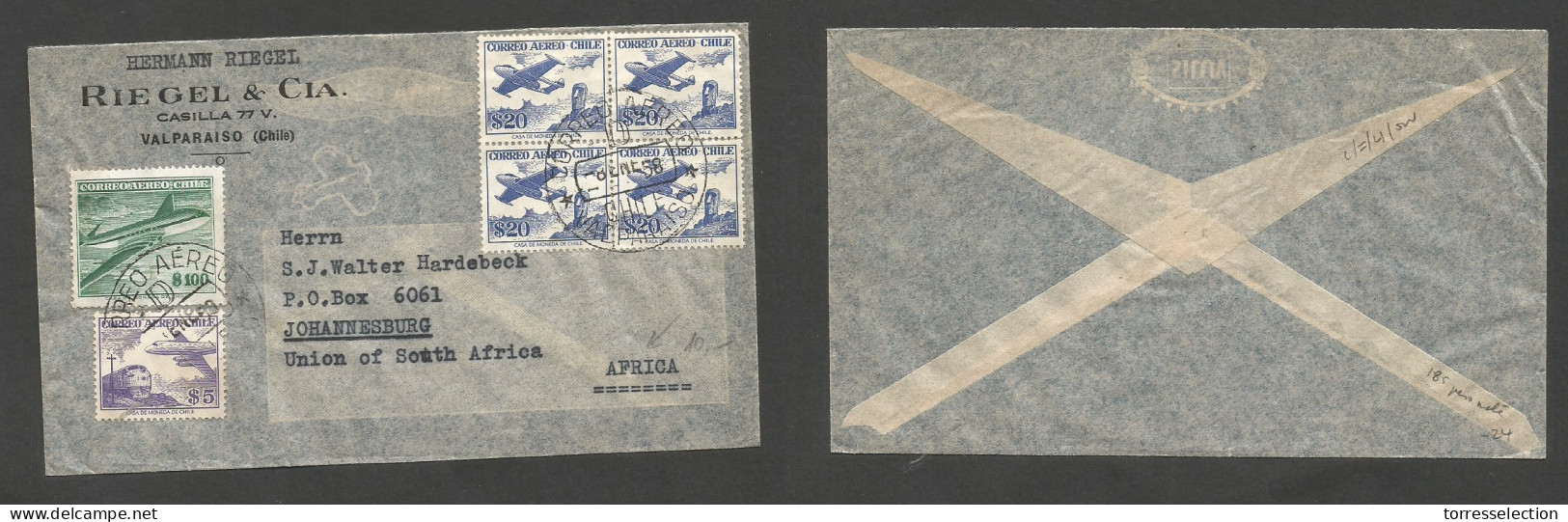 Chile - XX. 1958 (8 Ene) Valp - South Africa, Joburg. Air Multifkd Env At 185 Pesos Rate. Fine + Dest. XSALE. - Chili