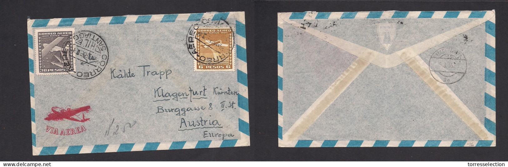Chile - XX. 1955 (24 March) Stgo - Austria, Klagenfurt (29 March) Air Multifkd Env 36 Pesos Rate. XSALE. - Chile