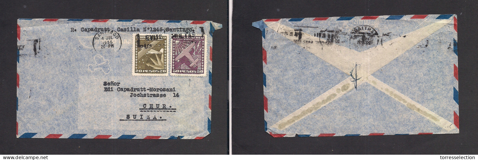 Chile - XX. 1955 (4 July) Santiago - Switzerland, Chur. Air Multifkd Env At 70 Pesos Rate Incl 50p Stamp. Fine. XSALE. - Chile