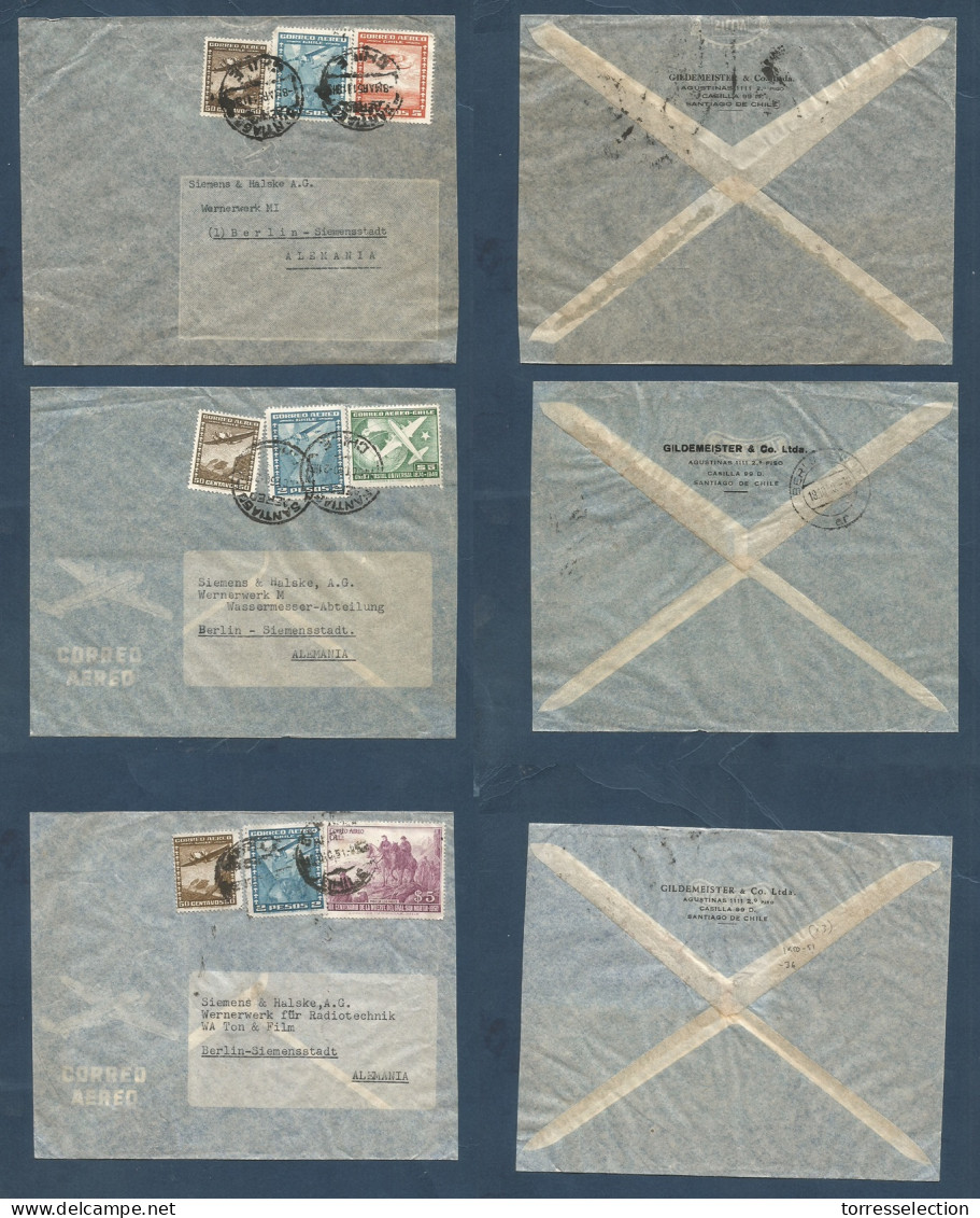 Chile - XX. 1950-51 Stgo - Germany. 3x Air Multifkd Envelope At 7,50 Pesos, Rate Diff Stamps Usages. Fine Trio. XSALE. - Chile