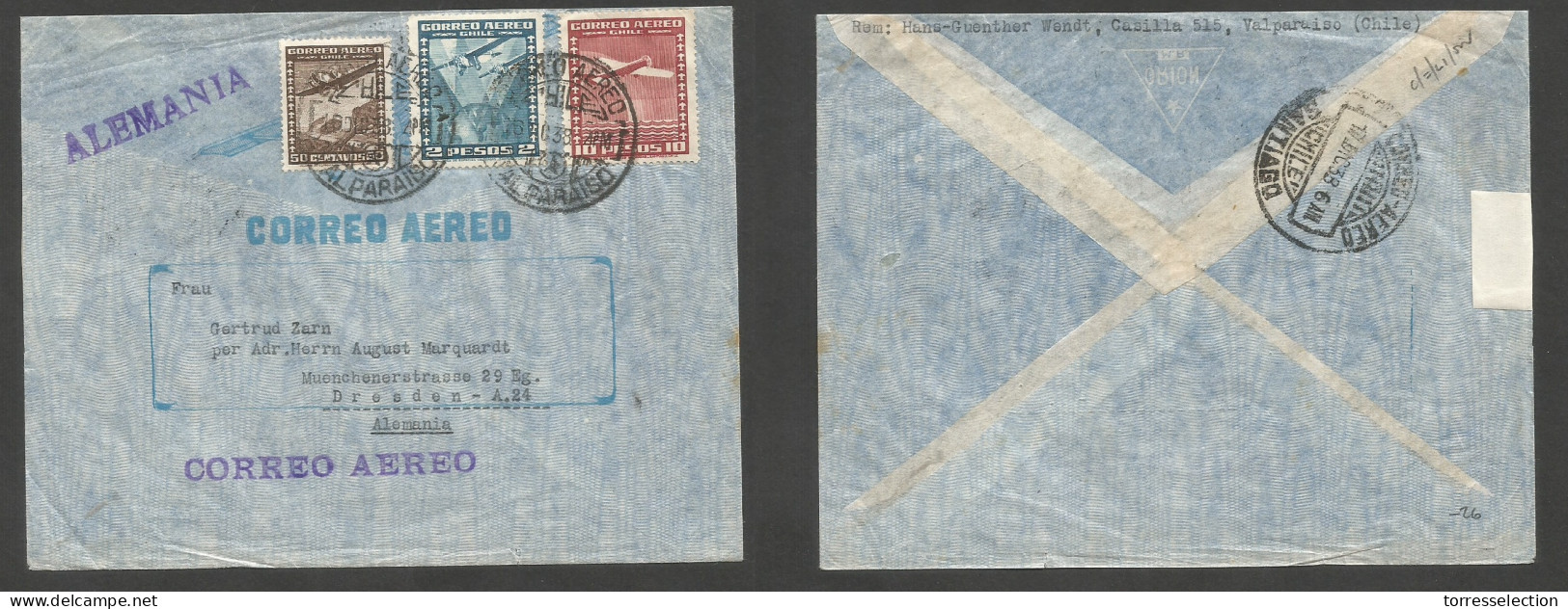 Chile - XX. 1938 (26 Dic) Valp - Germany, Dresden. Air Multifkd Env At 12,50 Pesos Rate. Fine. XSALE. - Chili