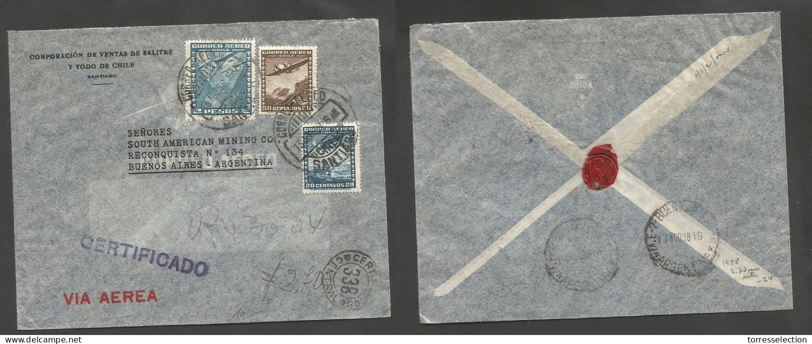 Chile - XX. 1938 (13 Aug) Stgo - Argentina, Buenos Aires (13 Aug) Registered Air Multifkd Comercial Envelope At 2,70 Pes - Chile