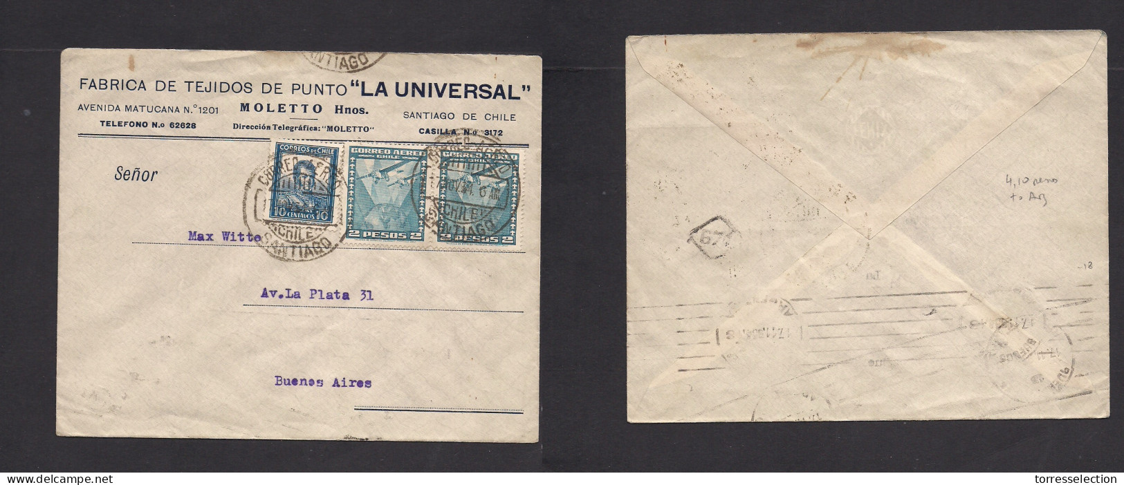 Chile - XX. 1934 (17 Nov) Stgo - Argentina, Buenos Aires (17 Nov) Air Multifkd Env At 4,10 Pesos Rate. Same Day Transit. - Chile