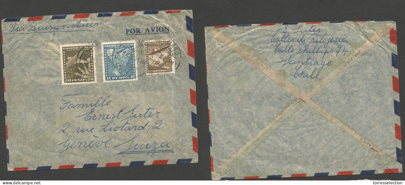 Chile - XX. 1930 (20 May) Stgo - Switzerland, Geneve Via Buenos Aires. Air Multifkd Env At 22,50 Pesos Rate. XSALE. - Chile