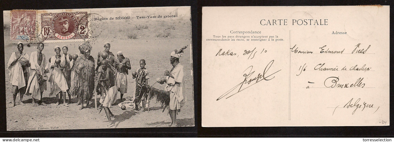 FRC - Senegal. 1910 (30 March) Dakar - Belgium, Bruxelles. Multifkd Ppc Sage + Issues, Tied Cds. Photo Segon Region, Tam - Sonstige & Ohne Zuordnung