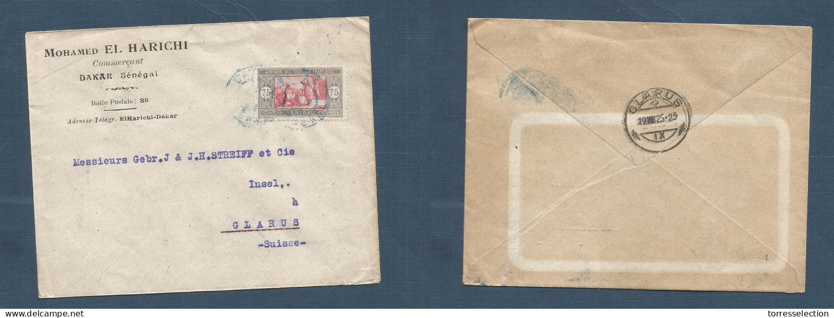 FRC - Senegal. 1925 (9 Aug) AOF, Dakar - Glarus, France (19 Aug) Single 75c Rate Fkd Air, Arrival Cds. XSALE. - Andere & Zonder Classificatie