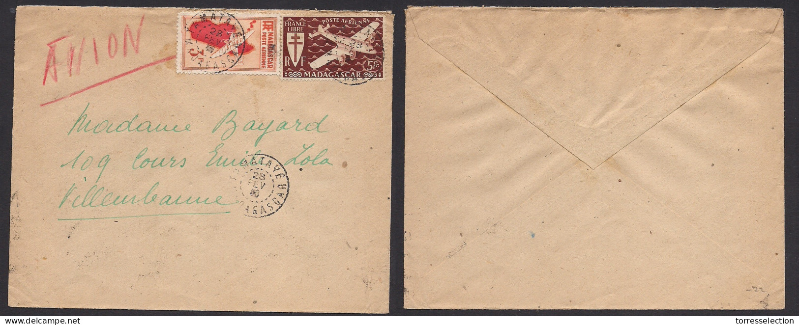 FRC - Madagascar. 1940 (28 Febr) Tamatave - Villeurbanne. Air Multifkd Envelope, Mixed Issues Incl France Libre, Tied Cd - Other & Unclassified